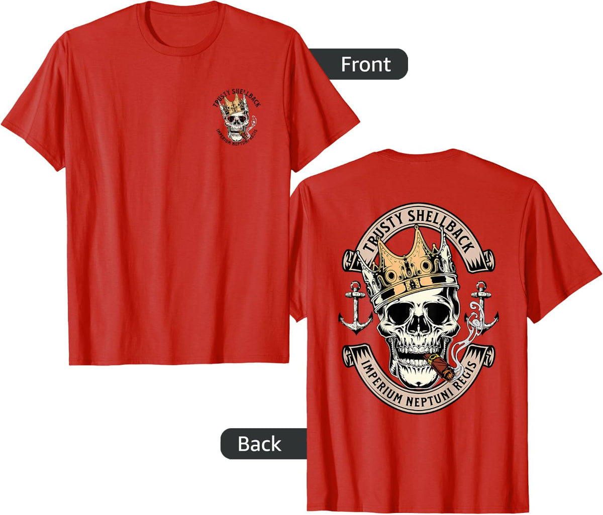 Trusty Shellback Skull on Front and Back Distressed Design T-Shirt - Red