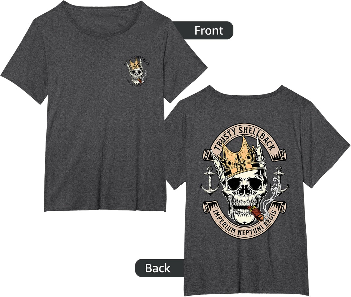 Trusty Shellback Skull on Front and Back Distressed Design T-Shirt - Dark Heather Grey
