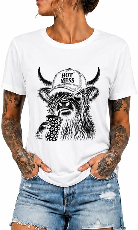 Hot Mess Highland Cow Shirt Funny Highland Cow Tshirt for Women - White