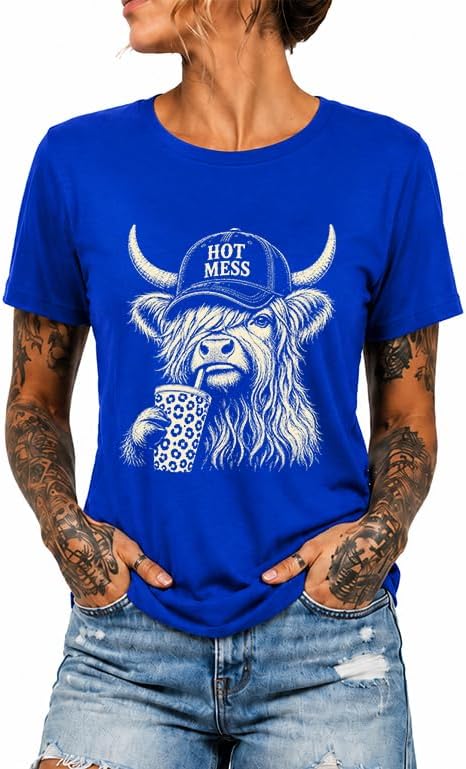 Hot Mess Highland Cow Shirt Funny Highland Cow Tshirt for Women - Royal Blue
