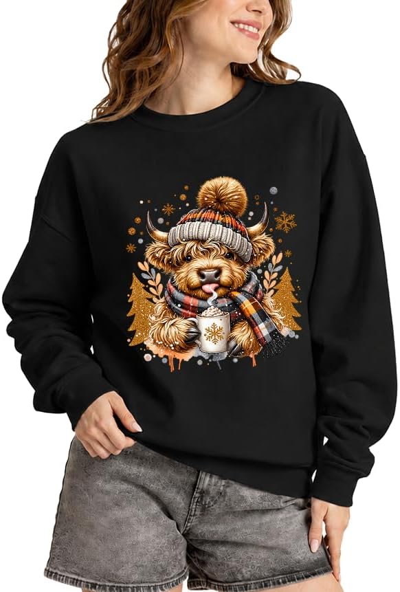 Highland Cow Sweatshirt Highland Cow Cute Design for Women Farm Life Tops - Crew Neck Black-2