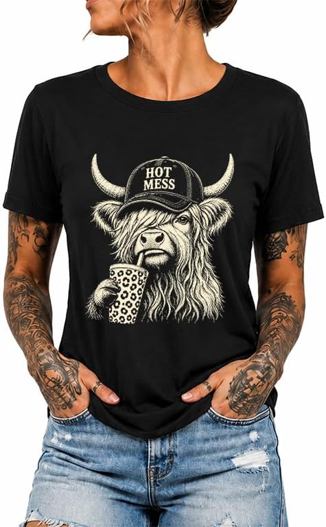Hot Mess Highland Cow Shirt Funny Highland Cow Tshirt for Women - Black