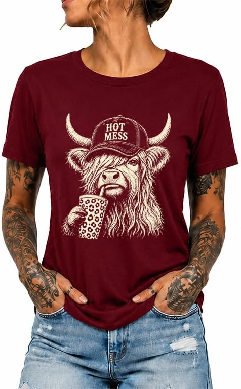 Hot Mess Highland Cow Shirt Funny Highland Cow Tshirt for Women - Wine