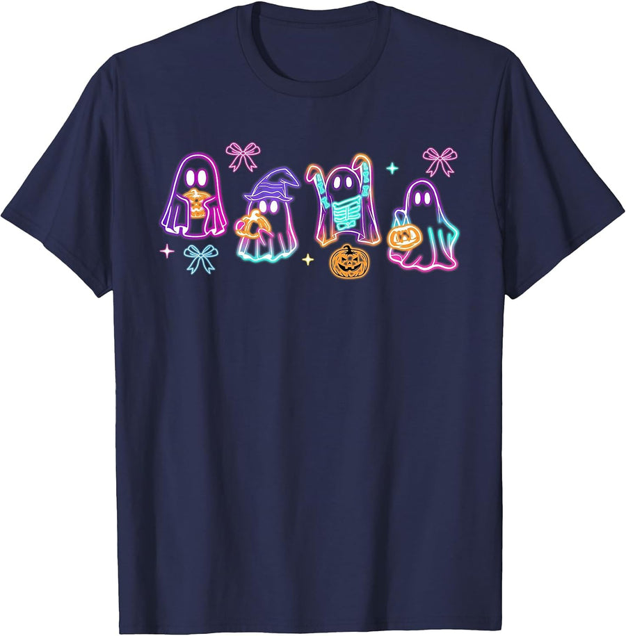 Funny Spooky Season Cute Boo Ghost Glow in Halloween Night T-Shirt - Navy Blue