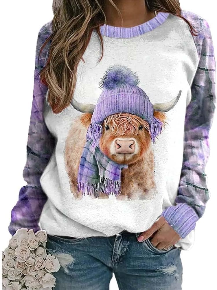 Women's Retro Winter West Highland Cow Plaid Print Sweatshirt Western Vintage Shirt - Purple