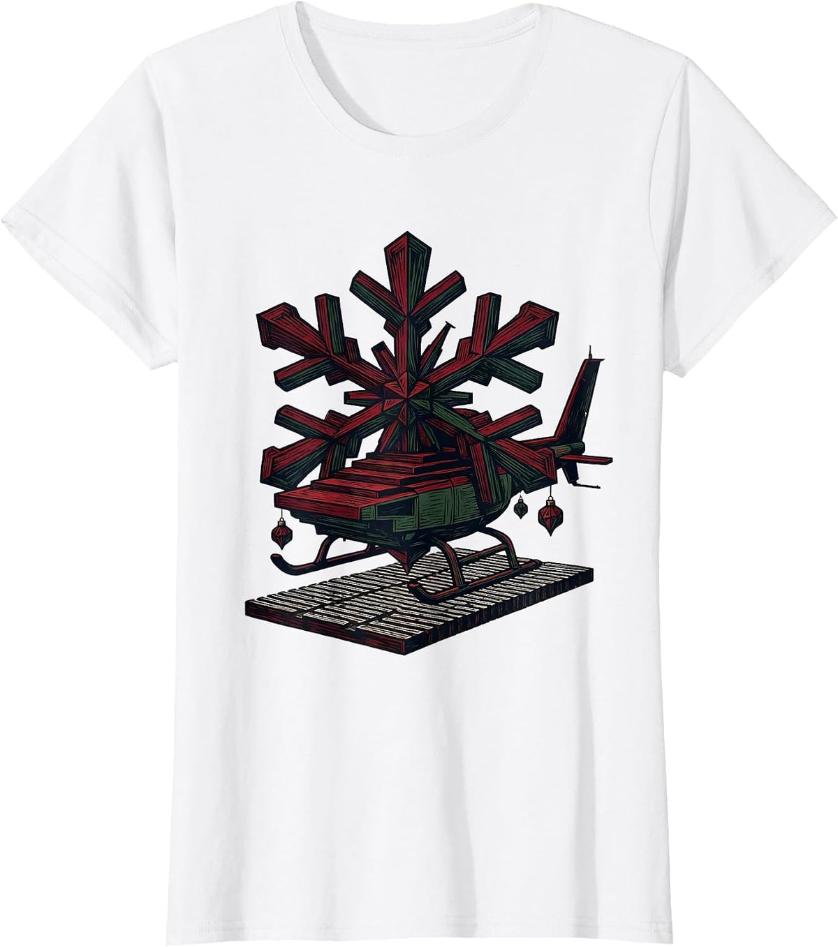 Helicopter Snowflake Linocut Christmas Pilot Aviation Humor T-Shirt - White