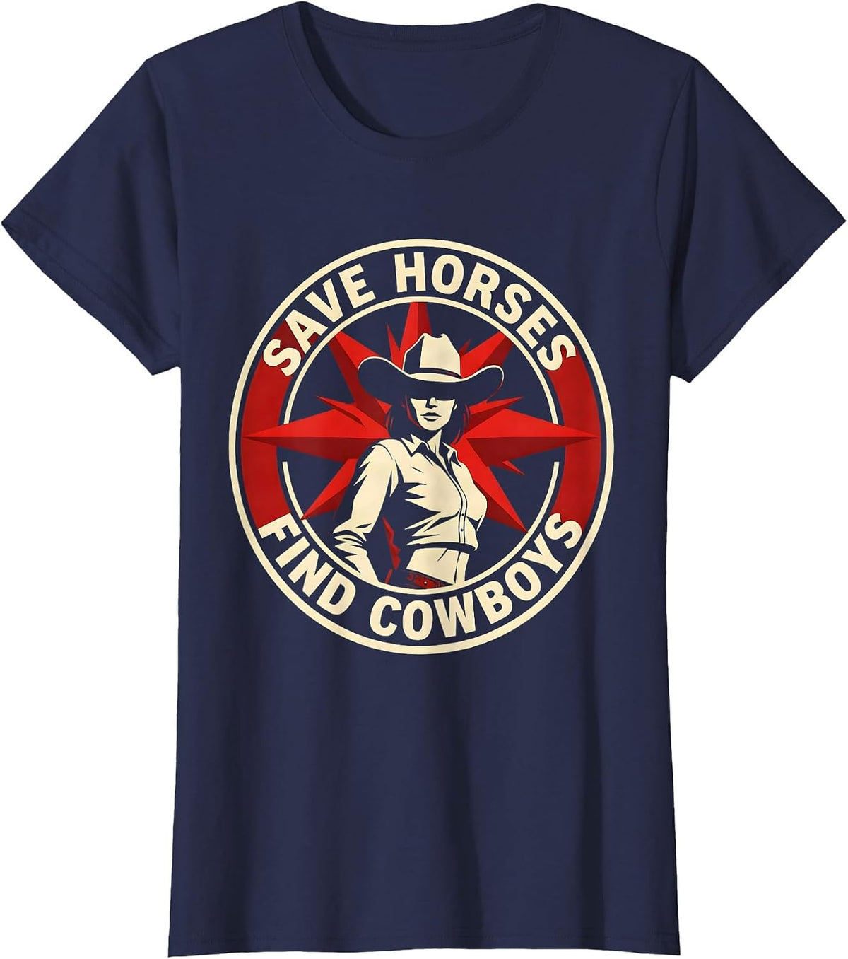 Women's Save Horses Find Cowboys Western Humor Design T-Shirt - Navy Blue