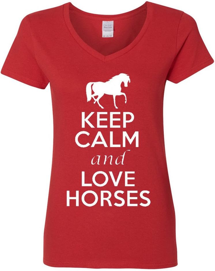 V-Neck Ladies Keep Calm and Love Horses Animal Lover T-Shirt Tee - Red