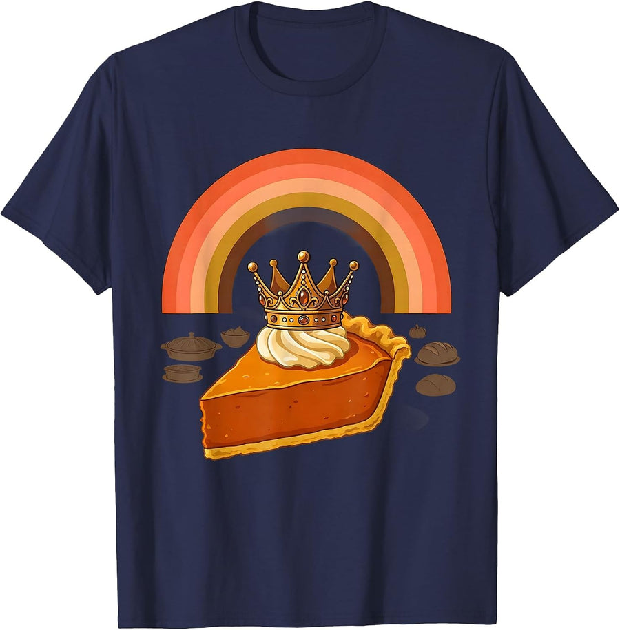 Crowned Pumpkin Pie Retro 70s Thanksgiving Humor T-Shirt - Navy Blue