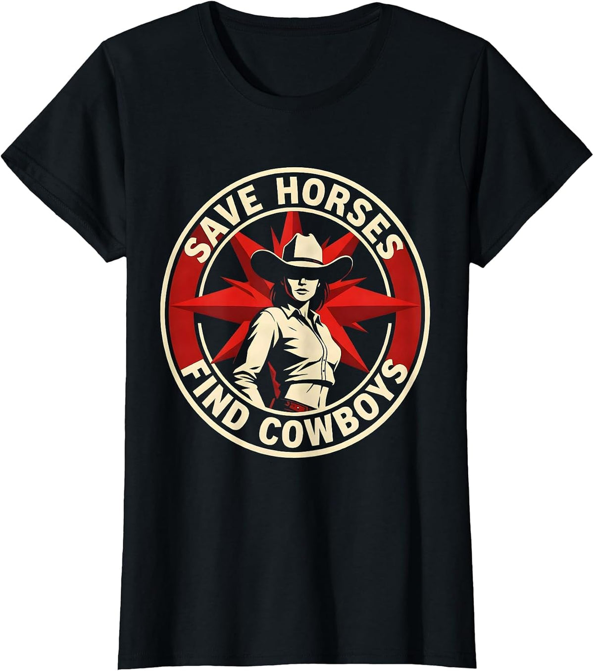 Women's Save Horses Find Cowboys Western Humor Design T-Shirt - Black
