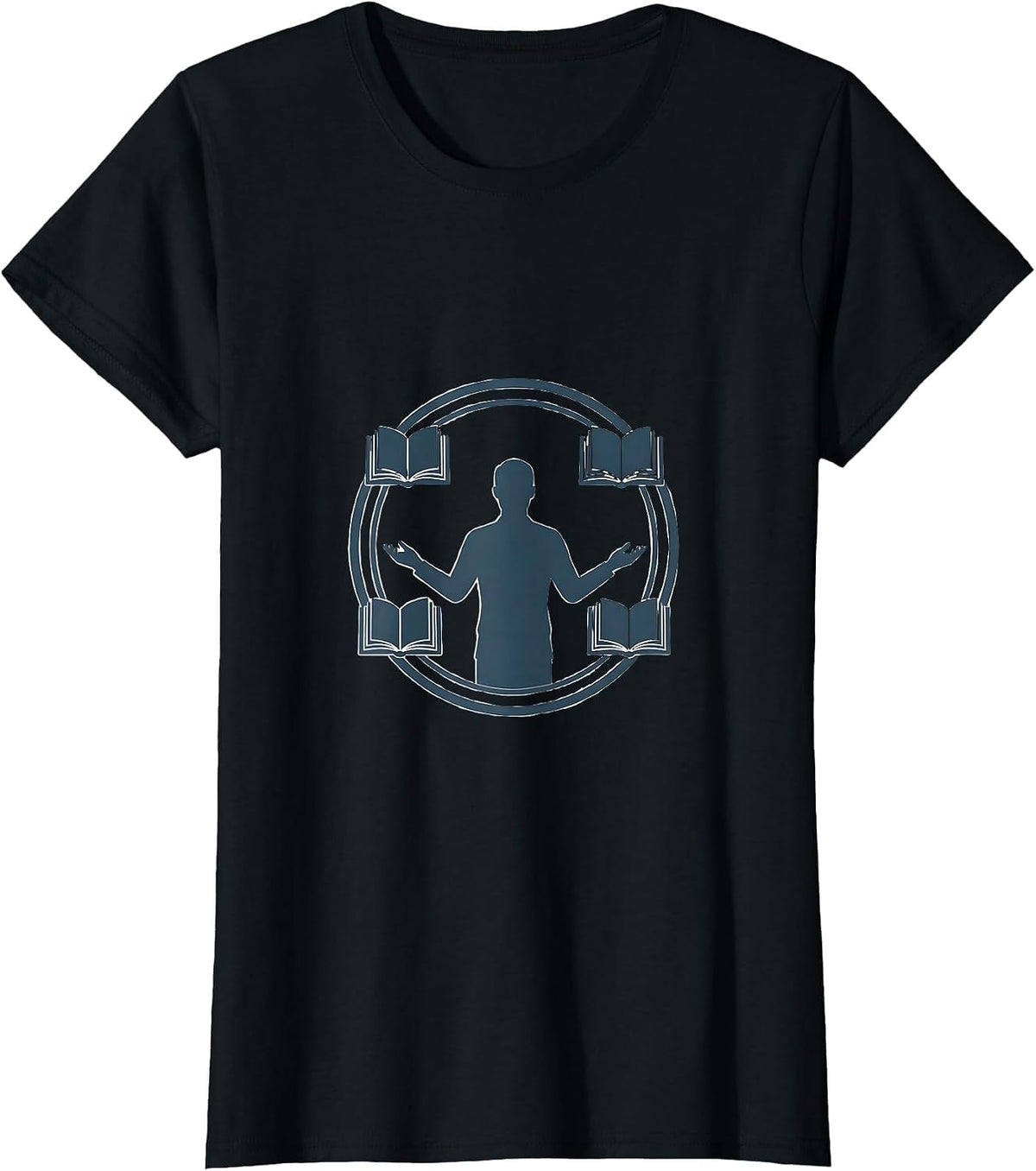 Reading Teacher Surrounded by Floating Open Books T-Shirt - Black