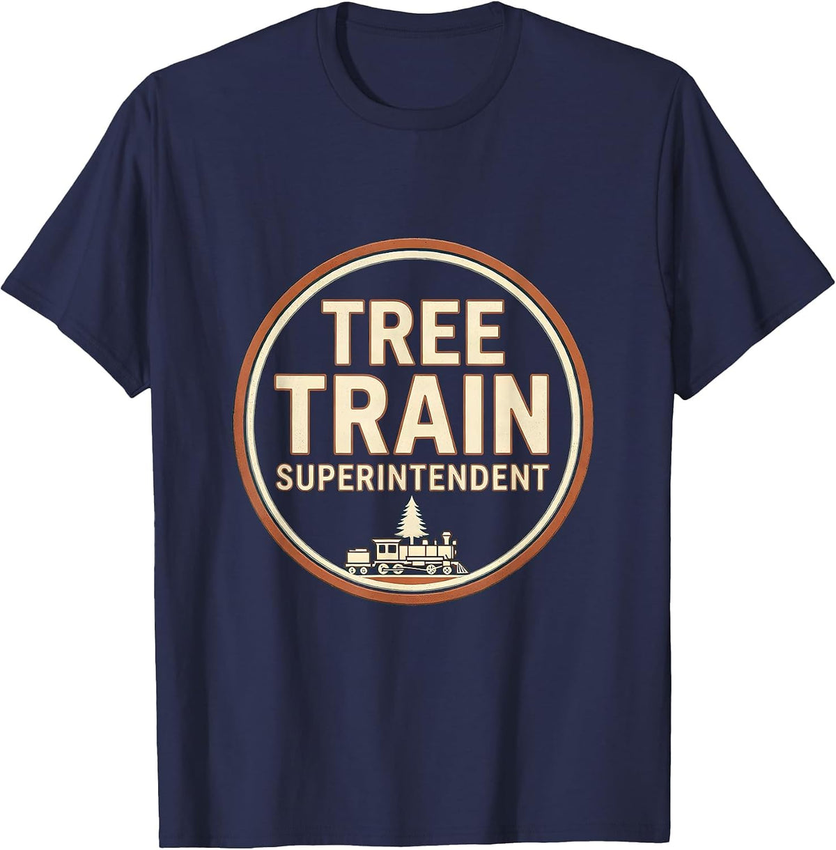 Men's Tree Train Superintendent Vintage Train Hobbyist Christmas T-Shirt - Navy Blue