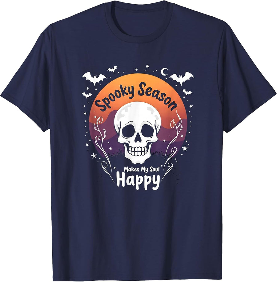 Halloween Skull Spooky Season Makes My Soul Happy T-Shirt - Navy Blue