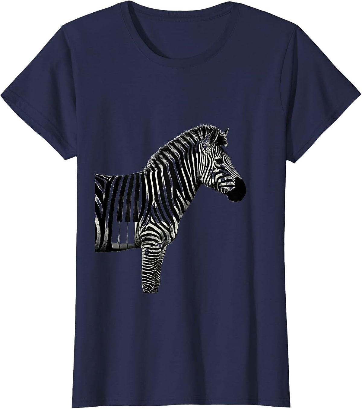 Women's Zebra Stripes Piano Keys Music Nature Art T-Shirt - Navy Blue