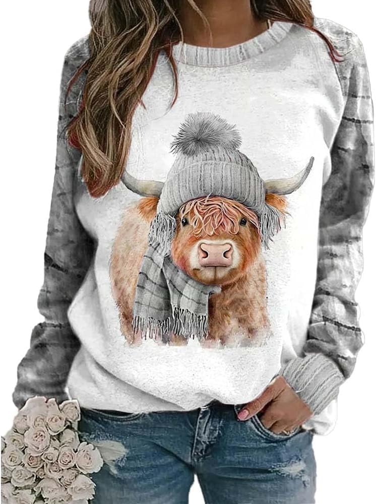 Women's Retro Winter West Highland Cow Plaid Print Sweatshirt Western Vintage Shirt - Gray