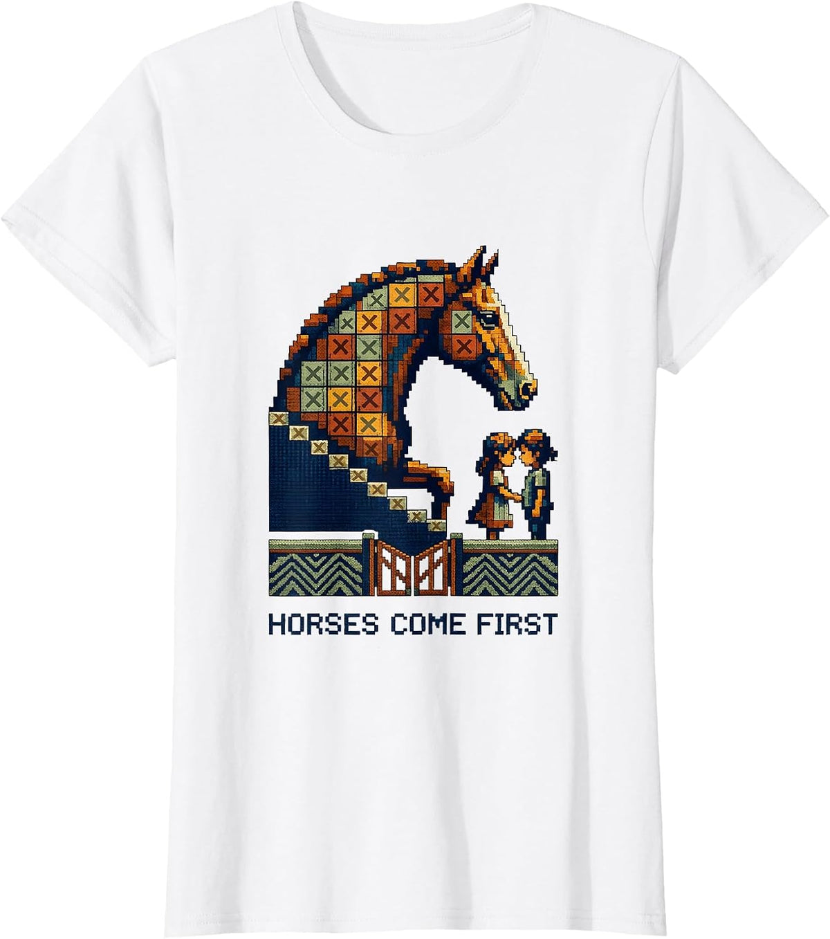 Horses Come First Funny Horse Lover Girl Humor Cross Stitch T-Shirt - White