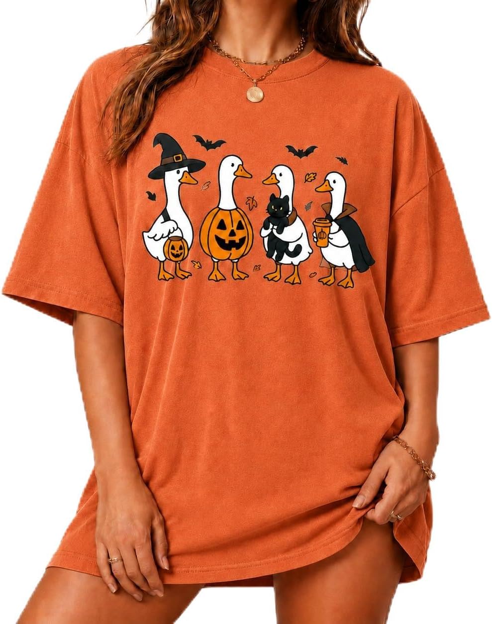 Women’s Halloween Shirt Spooky Graphic Tee Pumpkin Ghost Fall Oversized Top - Orange