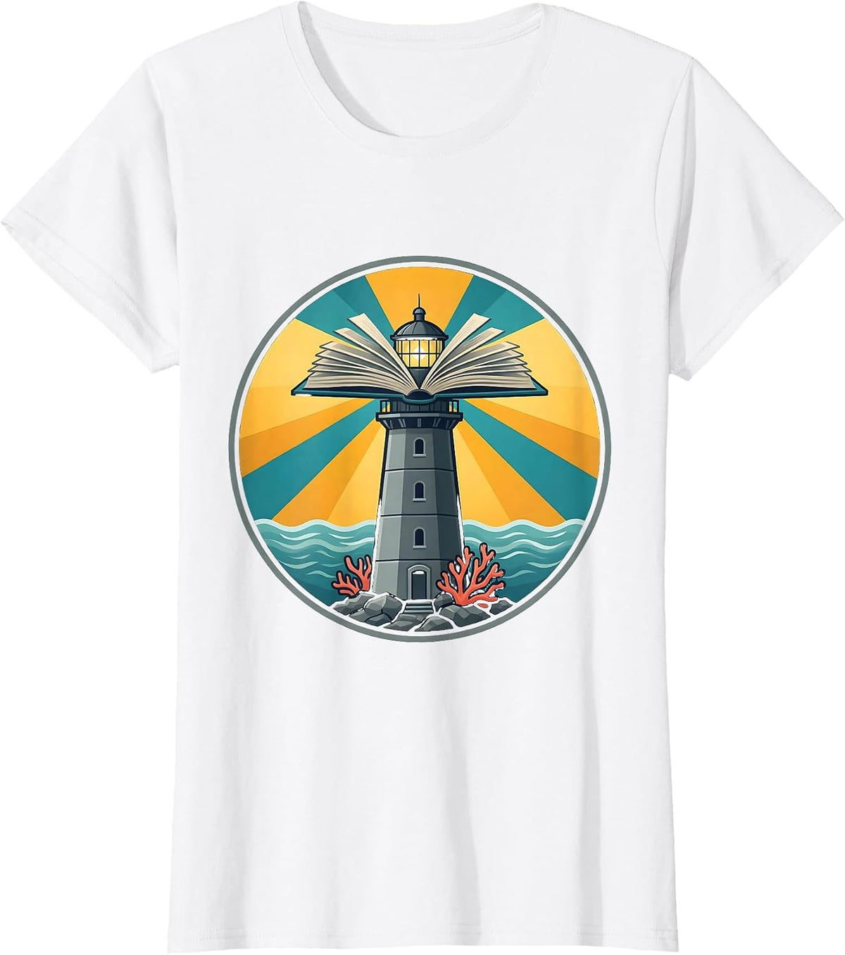 Reading Teacher Lighthouse Open Book Graphic T-Shirt - White