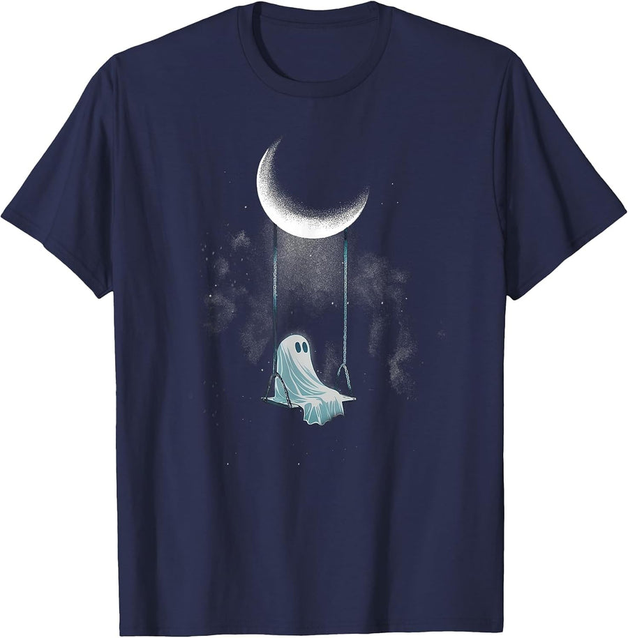 Spooky Ghost Swing Under Moon Lazy Halloween Costume Shirt Tees T-Shirts Gothic Retro Spooky Season - Navy Blue