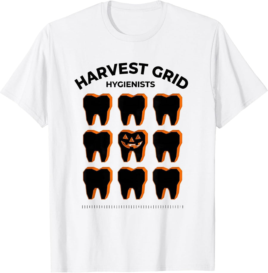 Men's Harvest Grid Hygienists Funny Dental Hygienist Halloween T-Shirt - White