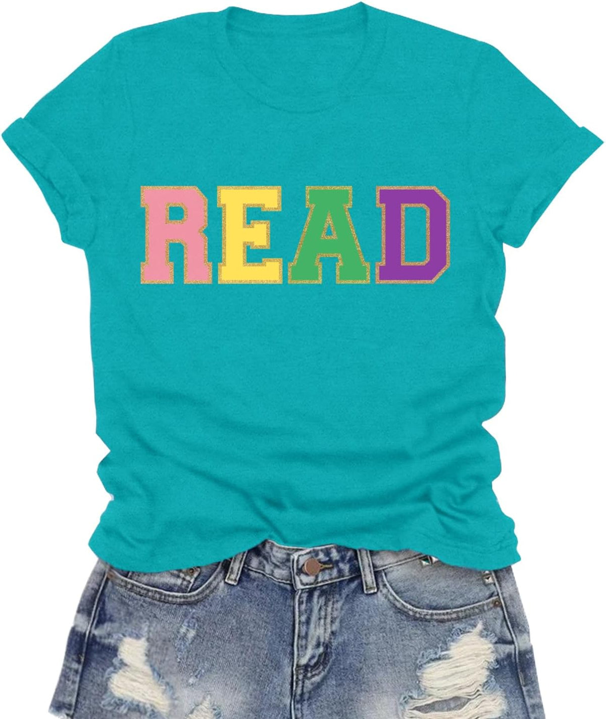 Womens Reading Shirts Read Printing T-Shirt Reader Tee Teacher Tops - Cyan
