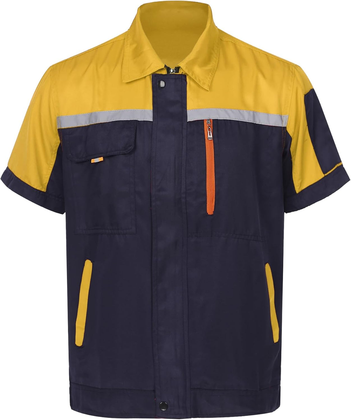 Mens Long Sleeve Work Coat Pocket Shirts Workshop Auto Mechanic Uniform Workwear with Reflective Stripes - Yellow&navy
