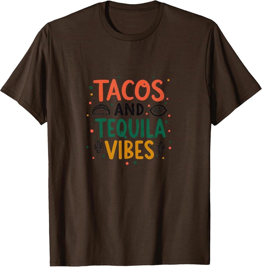 Tacos and Tequila Vibes Mexican Design T-Shirt - Brown