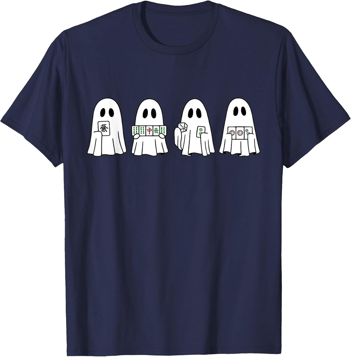 Halloween Ghost Playing Mahjong Spooky Season Game Day Fall T-Shirt - Navy Blue