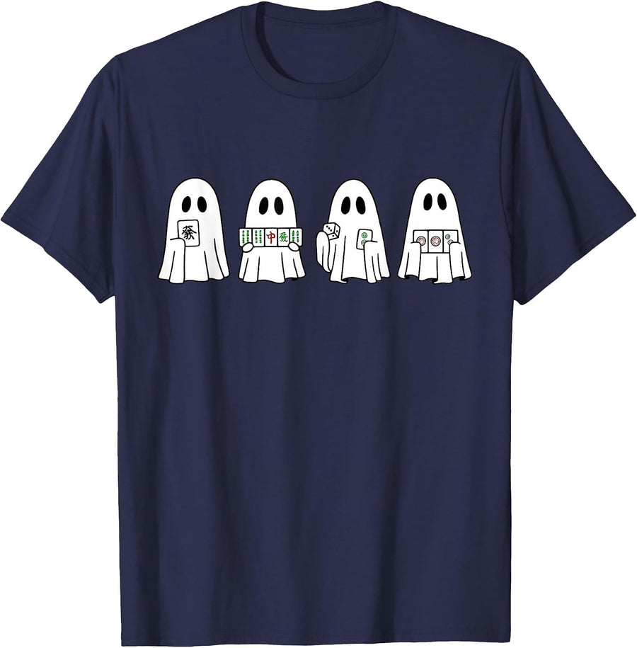 Halloween Ghost Playing Mahjong Spooky Season Game Day Fall T-Shirt - Navy Blue