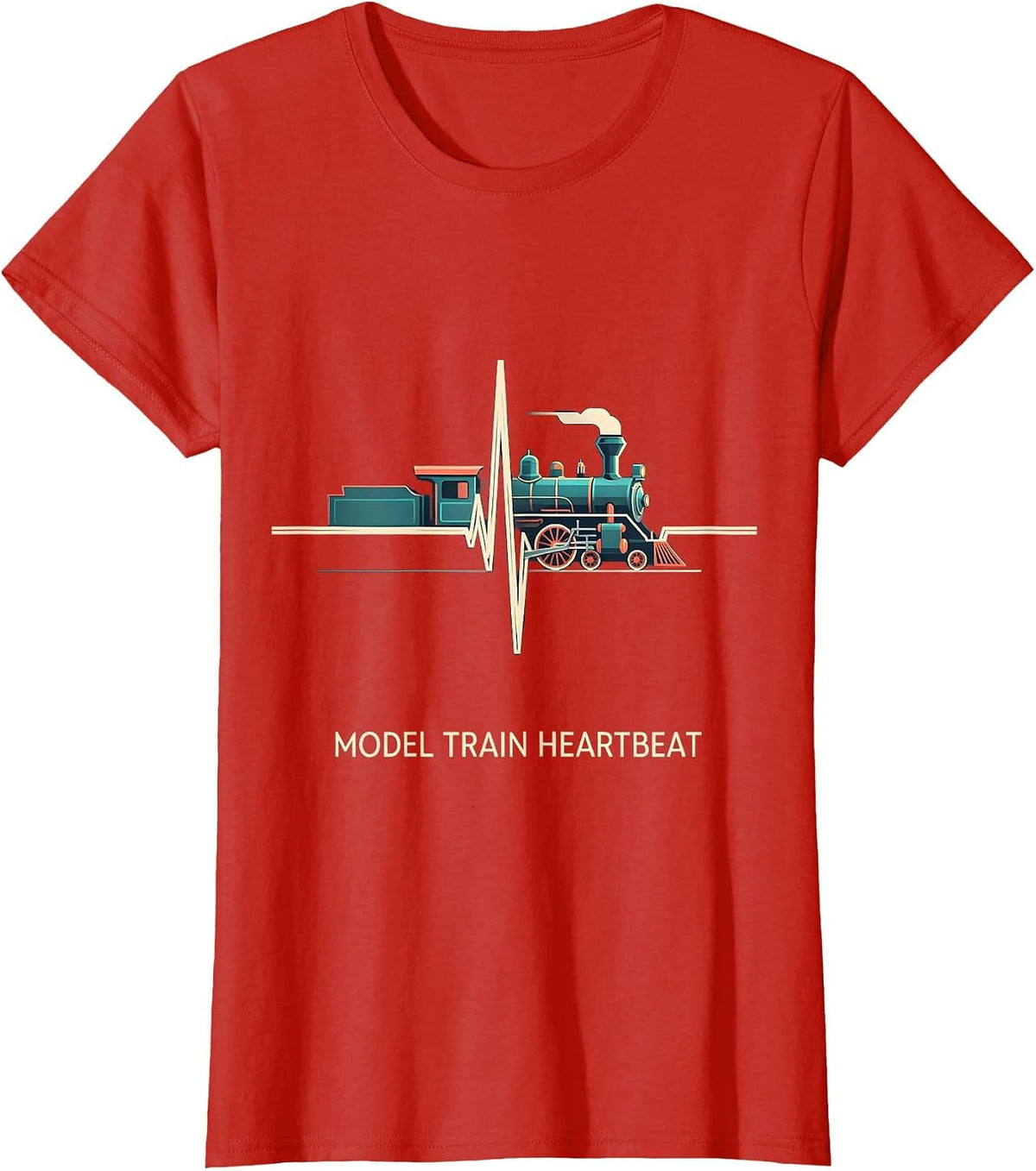 Women's Model Train Heartbeat Flat Vector Rail Enthusiast Hobby Gift T-Shirt - Red