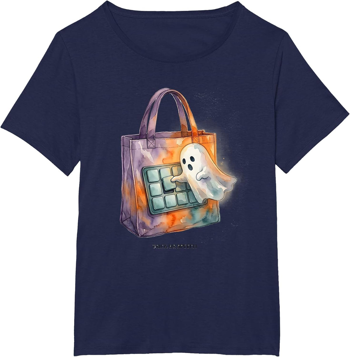 Women's Trick or Speech Watercolor Halloween Speech Therapy SLP T-Shirt - Navy Blue