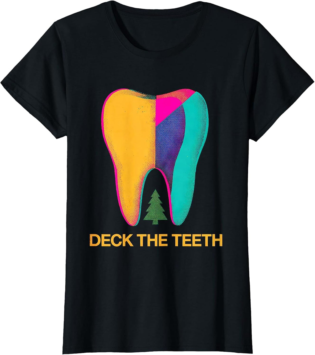 Deck the Teeth Risograph Dental Christmas Humor T-Shirt - Black