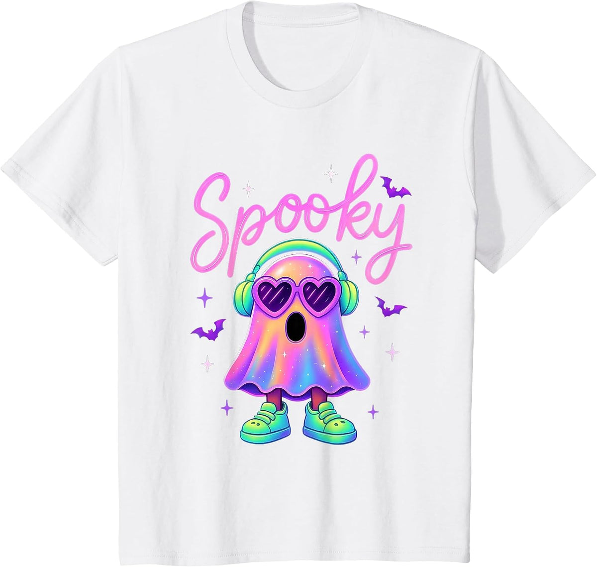 Cute Neon-Style Ghost Halloween Funny Spooky Season T-Shirt - White