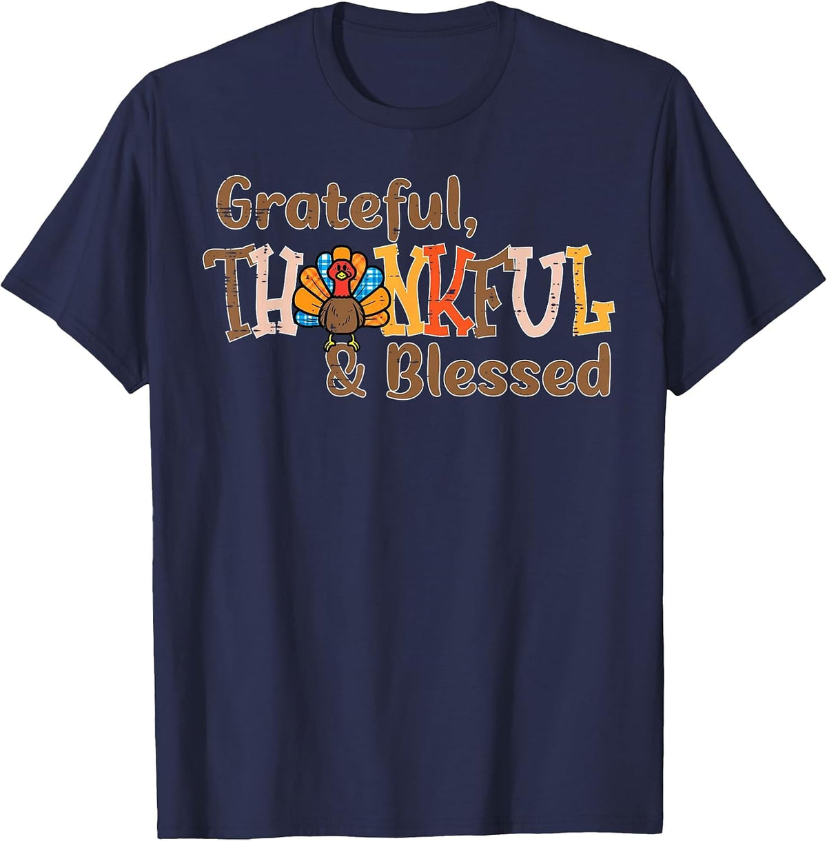 Turkey Grateful Thankful Blessed Thanksgiving Men Women T-Shirt - Navy Blue