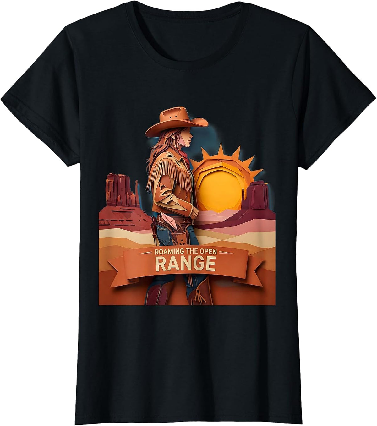 Women's Roaming the Open Range Cowboy Design T-Shirt - Black