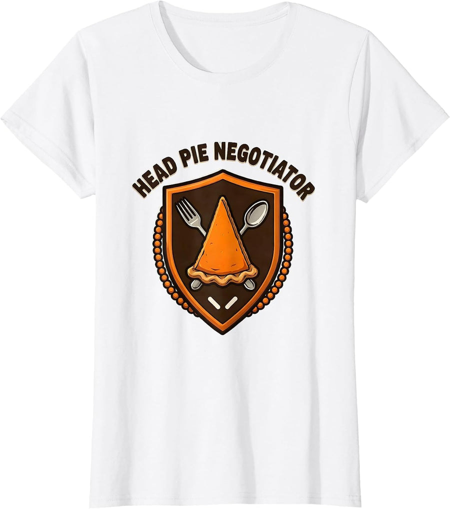 Women's Head Pie Negotiator Funny Thanksgiving Pumpkin Pie Humor T-Shirt - White