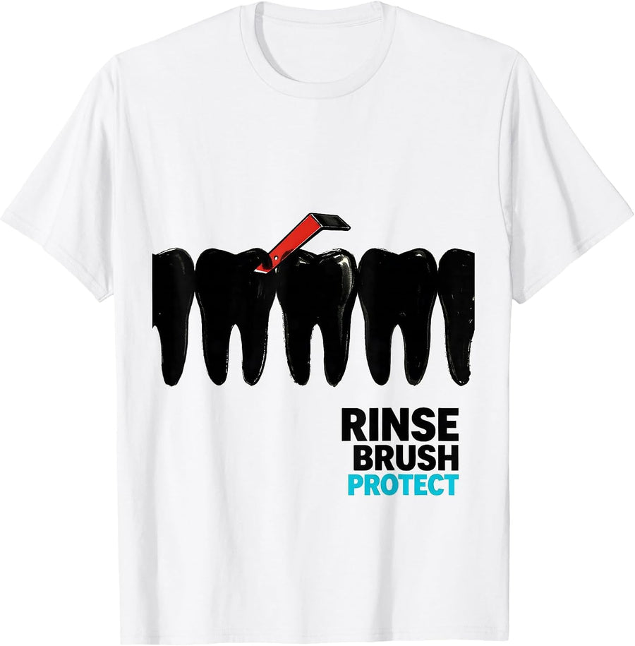 Men's Rinse, Brush, Protect Funny Dental Hygienist Humor T-Shirt - White