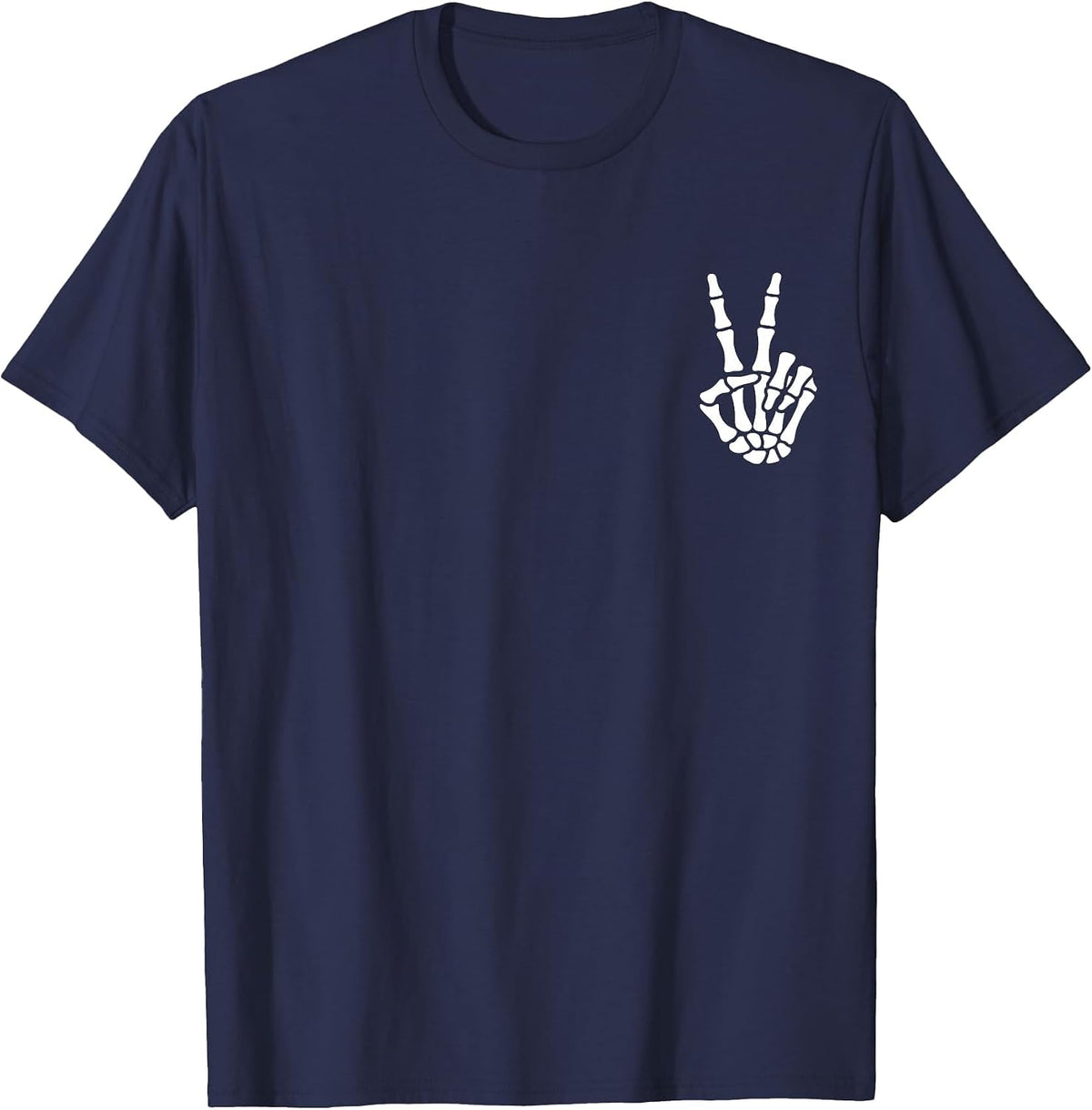 Skeleton Hand Peace Sign Bone Halloween Pocket Skeleton T-Shirt - Navy Blue