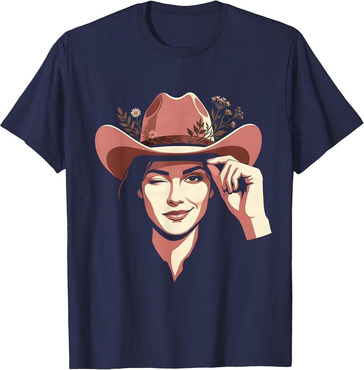 Men's Cowgirl Hat Tip Wink Western Graphic Tee T-Shirt - Navy Blue