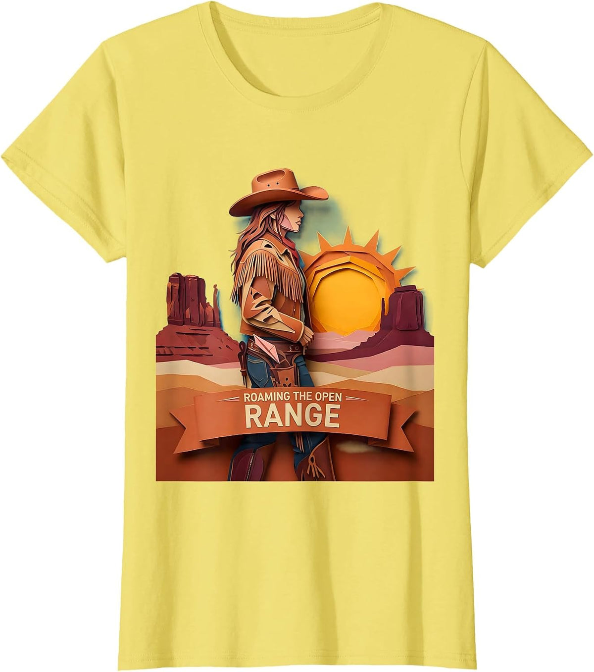 Women's Roaming the Open Range Cowboy Design T-Shirt - Lemon Yellow