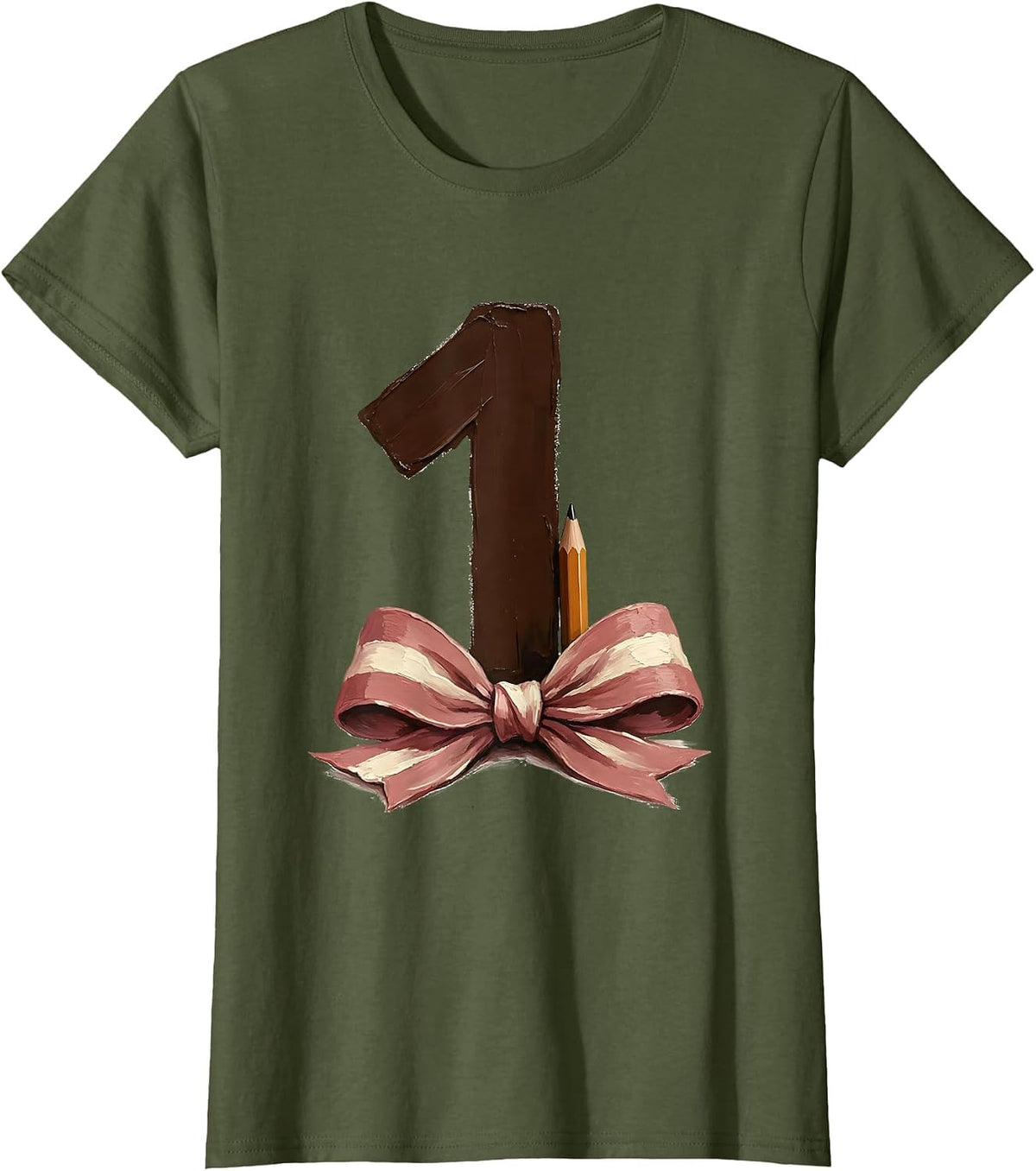 Women's First Grade Coquette Bow Back to School Pencil T-Shirt - Olive Green