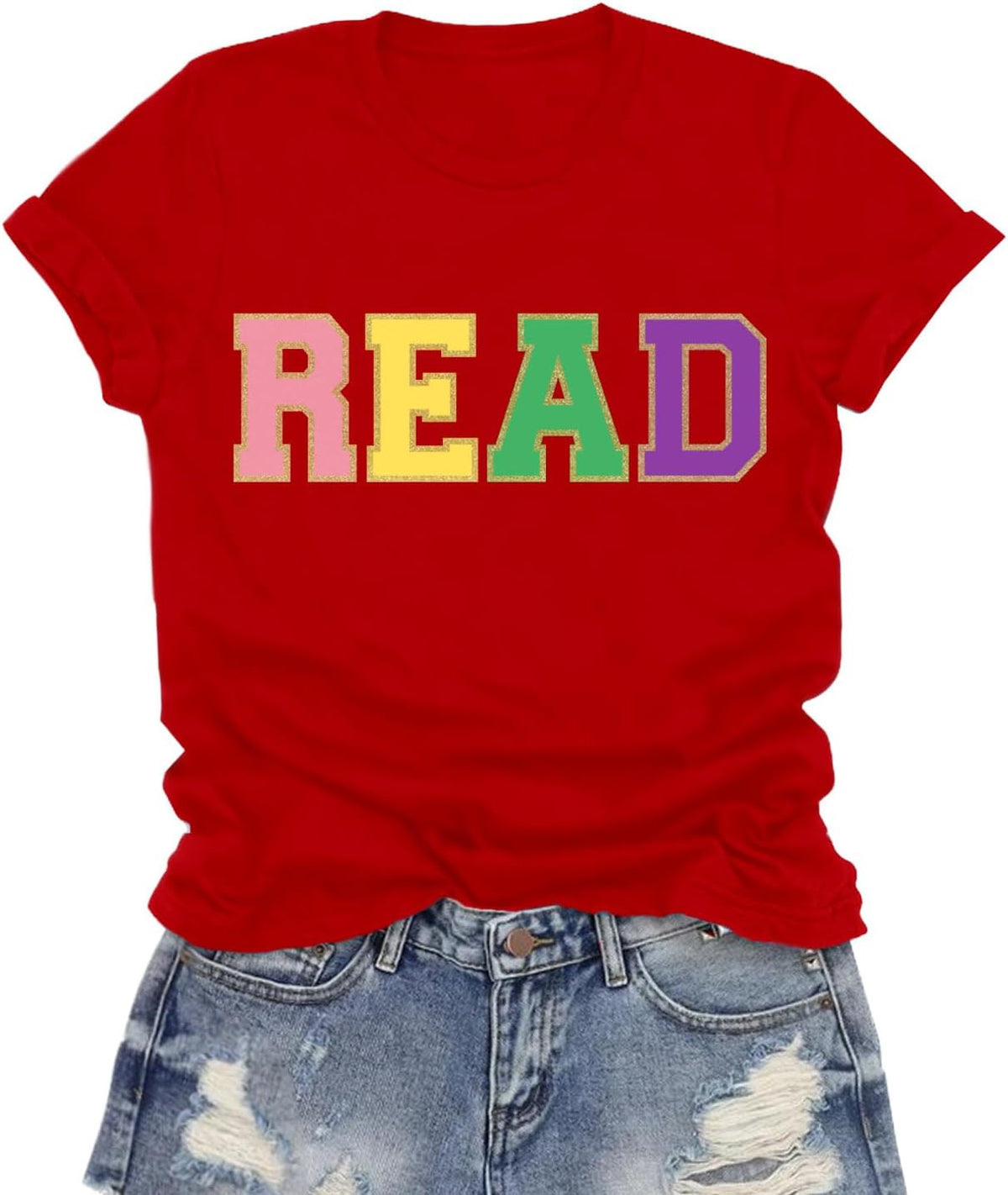Womens Reading Shirts Read Printing T-Shirt Reader Tee Teacher Tops - Red