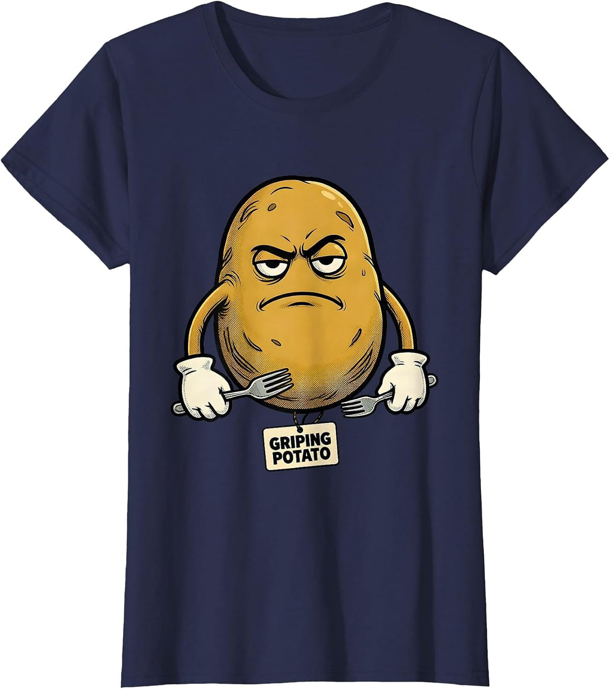 Women's Griping Potato Retro Cartoon Funny Couples Thanksgiving T-Shirt - Navy Blue