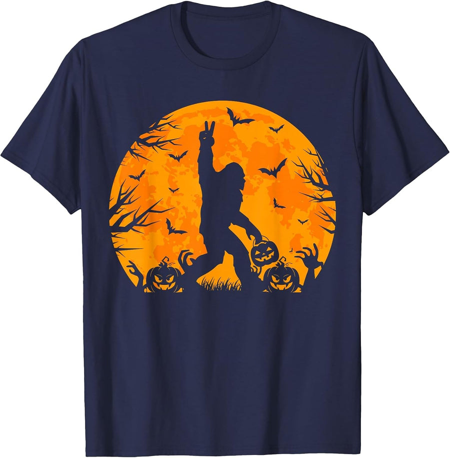 Spooky Halloween Bigfoot Pumpkin Funny Halloween Sasquatch T-Shirt - Navy Blue