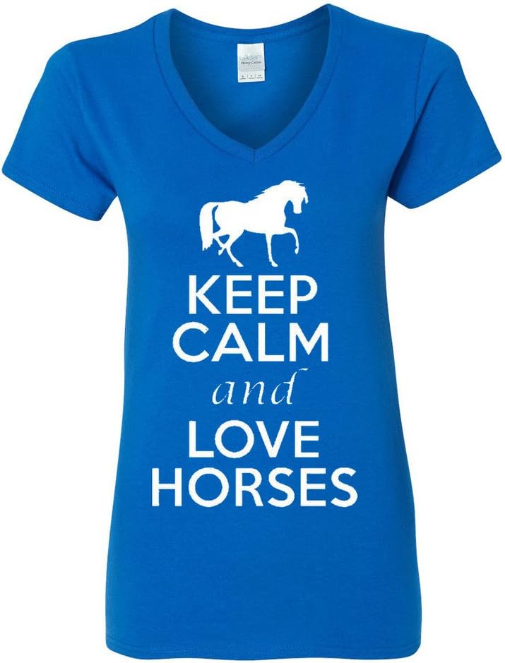 V-Neck Ladies Keep Calm and Love Horses Animal Lover T-Shirt Tee - Royal Blue