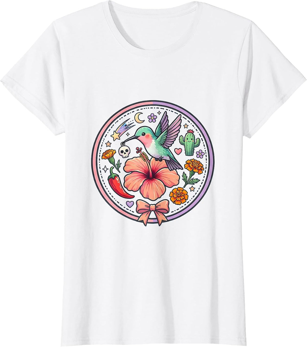 Mexican Hummingbird Hibiscus Floral Graphic Design T-Shirt - White