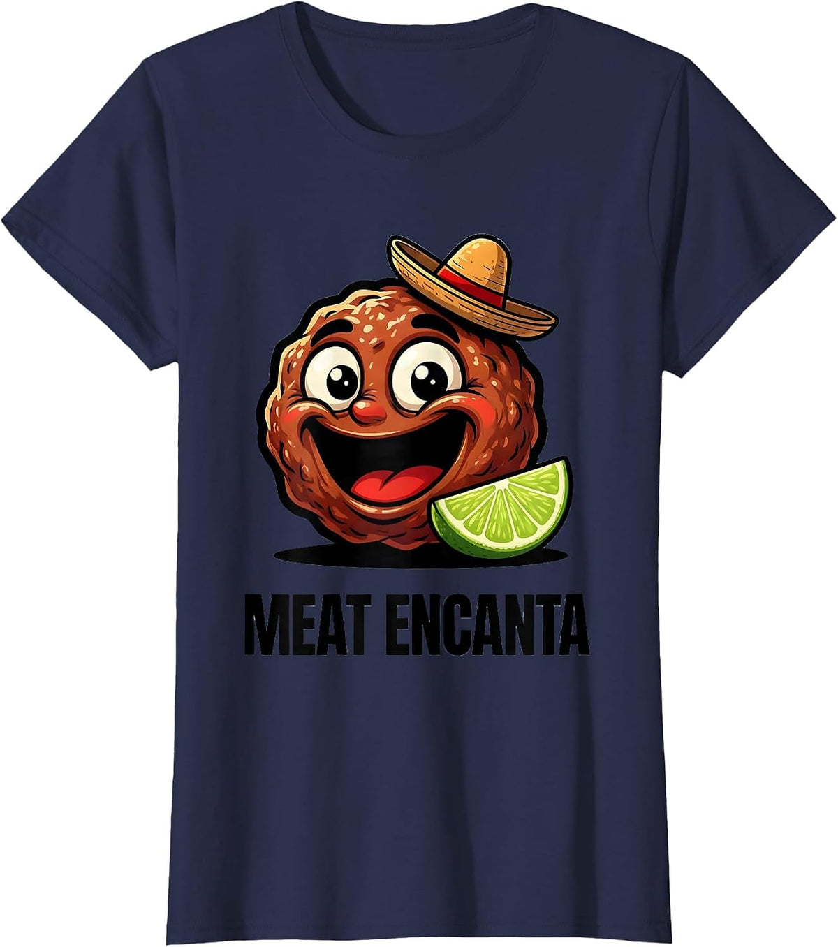Women's Meat Encanta Cartoon Funny Cinco De Mayo Spanish Pun Party T-Shirt - Navy Blue
