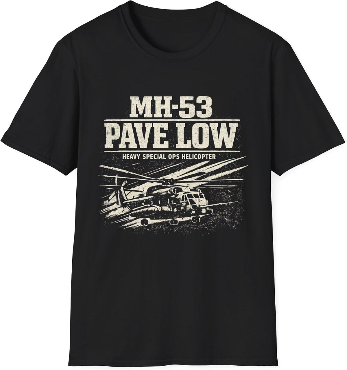 MH-53 Pave Low Helicopter Retro Distressed Typography Aviation T-Shirt for Pilots and Airplane Enthusiasts - Black