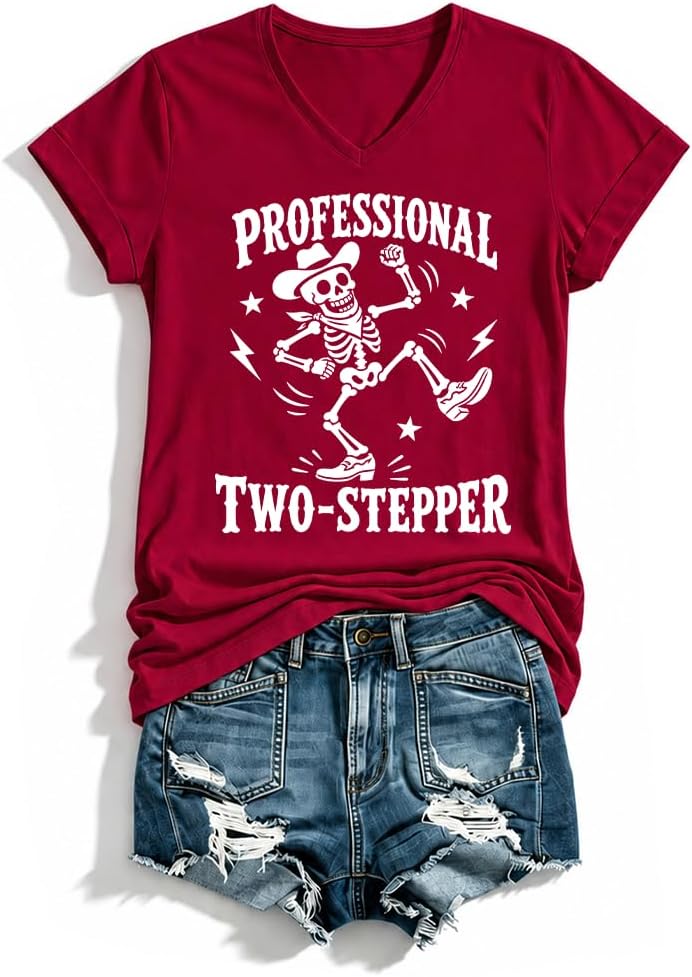 Professional Two Stepper Shirt Funny Dancing Skeleton Western Tee - Claret-vn