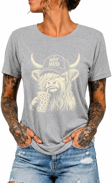 Hot Mess Highland Cow Shirt Funny Highland Cow Tshirt for Women - Grey